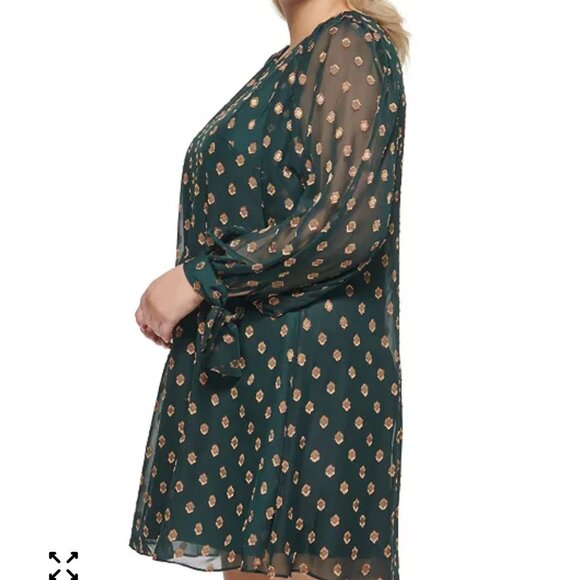 Calvin Klein Green & Metallic Gold Pattern Tie-Cuff Shift Dress Sz 10 NWT - Picture 2 of 13
